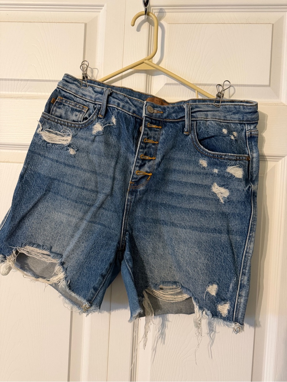 Judy Blue Button Fly Distressed High-Waist Denim Shorts - Blue